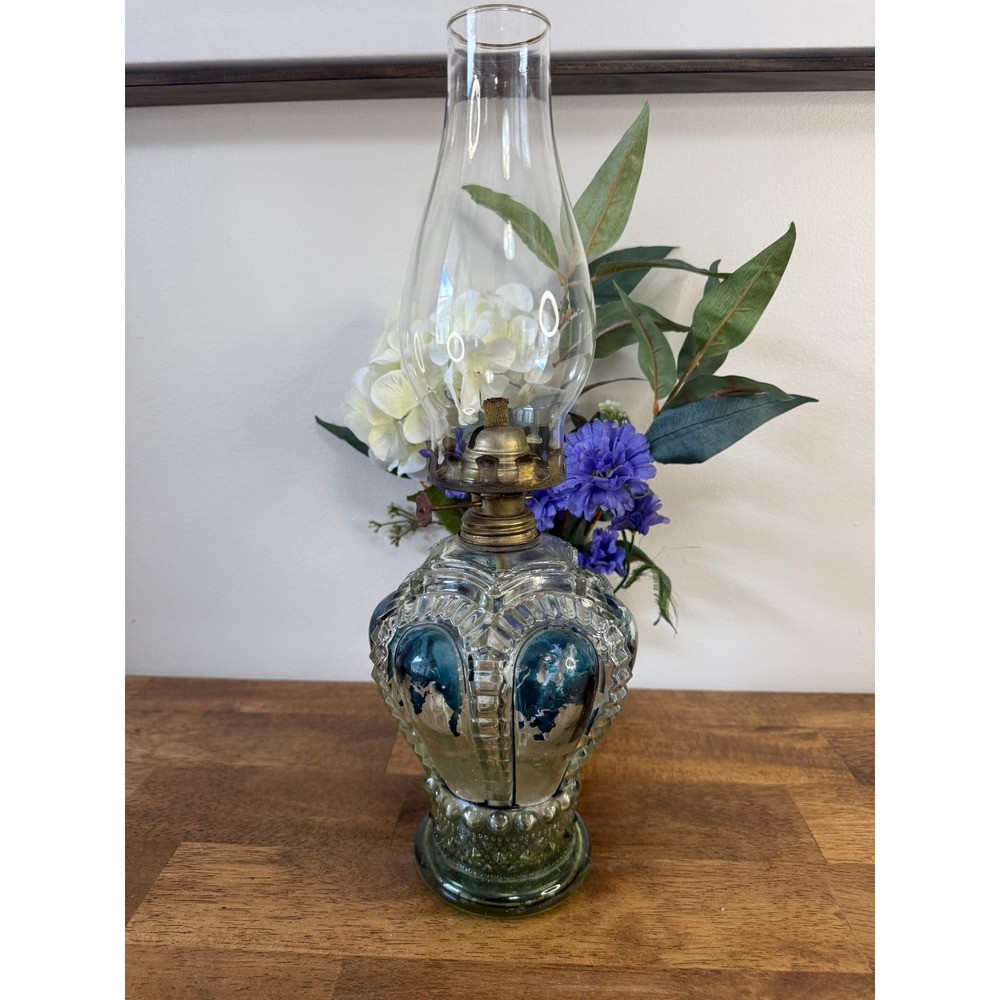 Vintage Uranium Glass Oil‎ Lamp Glows Green UV Panelled Base Farmhouse Decor